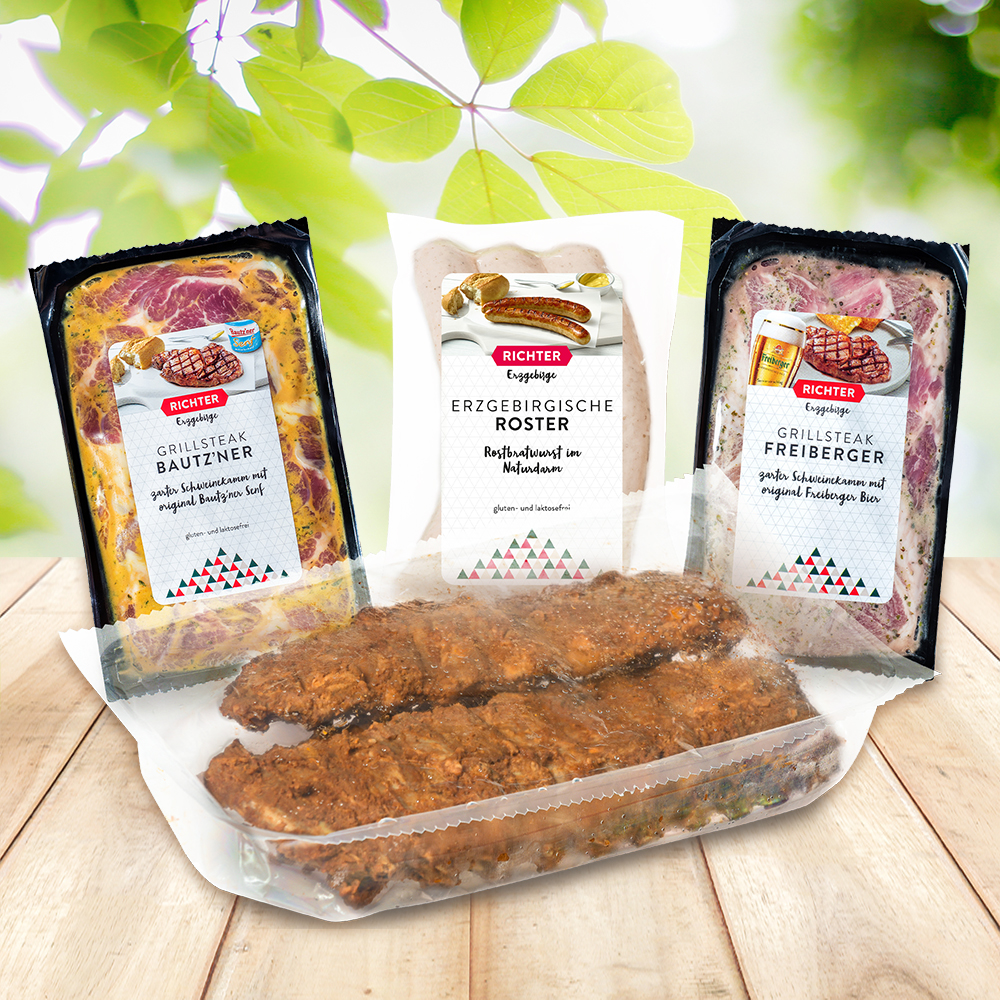 Grillsteak Bautzner Senfmarinade, Grillsteak Freiberger Biermarinade, Rostbratwurst, Spare Ribs im Set